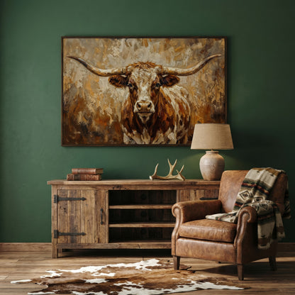 Texas Longhorn Bull Portrait Canvas Wall Art in dark walnut floating frame