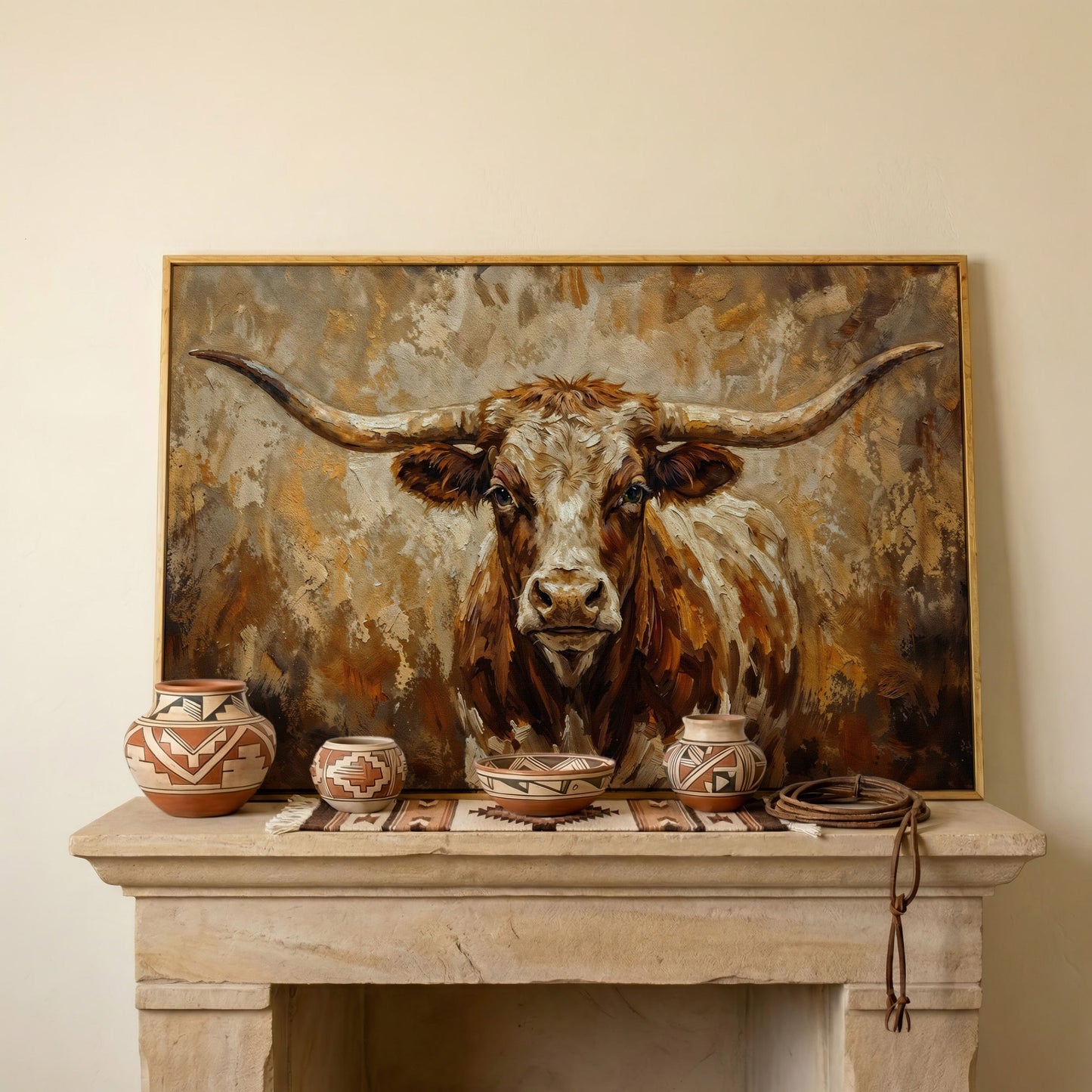 Texas Longhorn Bull Portrait Canvas Wall Art in white oak floating frame