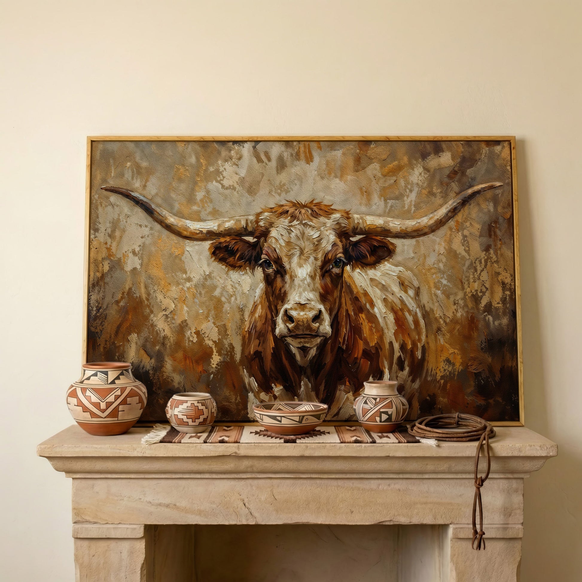 Texas Longhorn Bull Portrait Canvas Wall Art in white oak floating frame