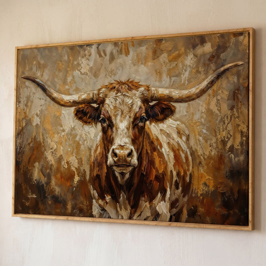 Texas Longhorn Bull Portrait Canvas Wall Art shown in white oak floating frame
