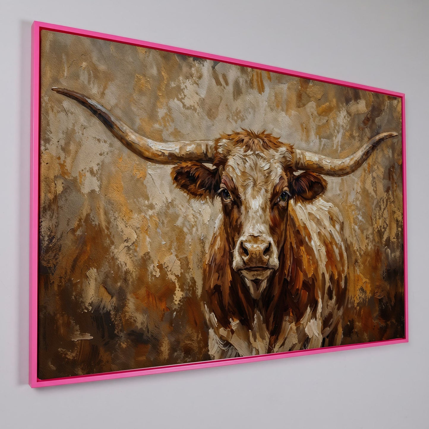 Texas Longhorn Bull Portrait Canvas Wall Art in pink floating frame