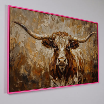 Texas Longhorn Bull Portrait Canvas Wall Art in pink floating frame