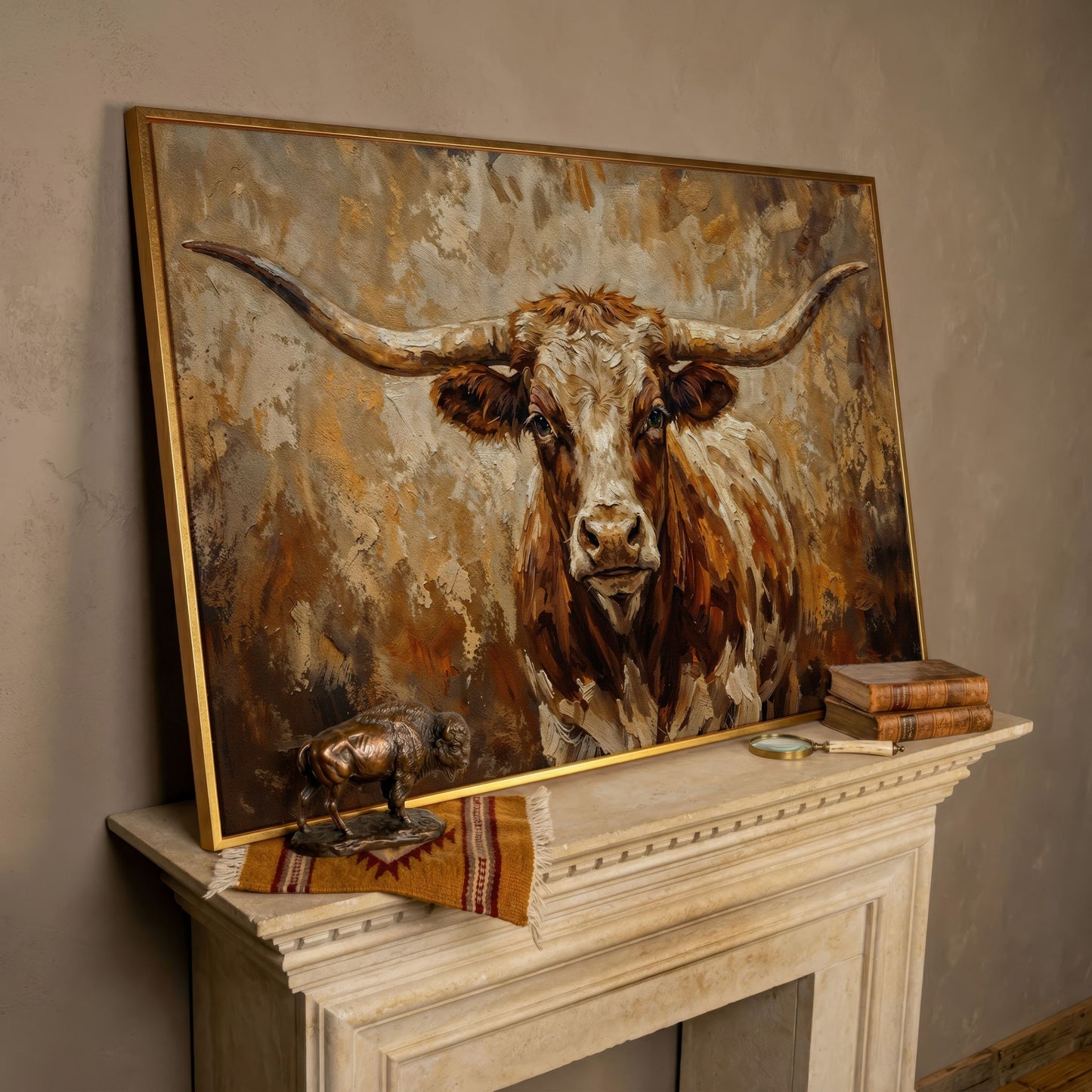 Texas Longhorn Bull Portrait Canvas Wall Art in rose gold floating frame