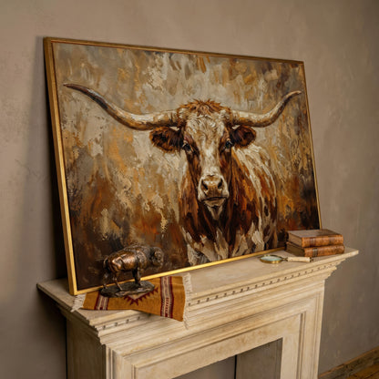 Texas Longhorn Bull Portrait Canvas Wall Art in rose gold floating frame