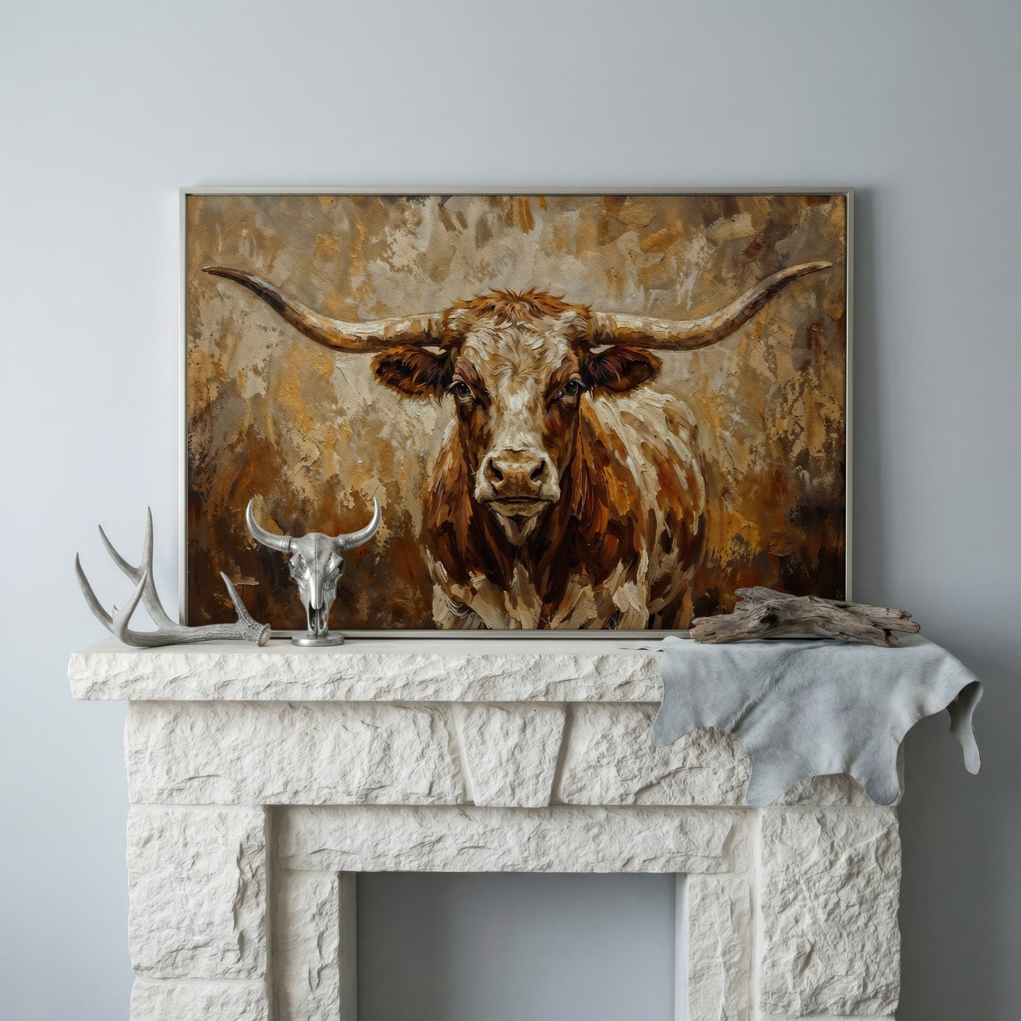 Texas Longhorn Bull Portrait Canvas Wall Art in silver floating frame