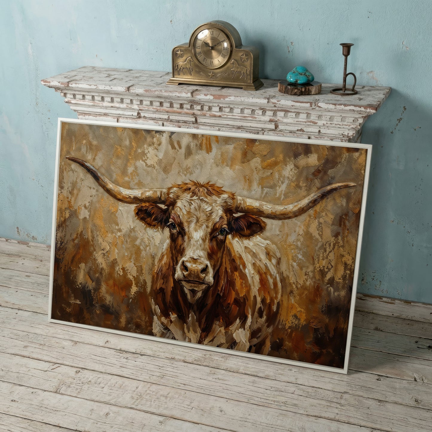 Texas Longhorn Bull Portrait Canvas Wall Art in white floating frame