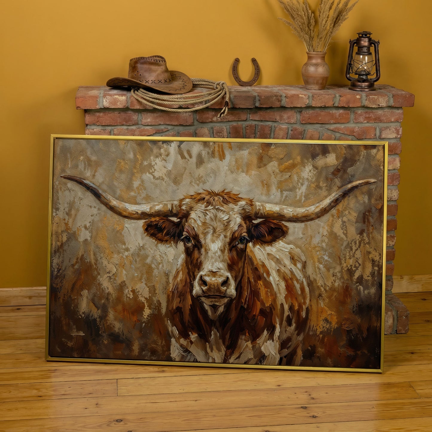 Texas Longhorn Bull Portrait Canvas Wall Art in yellow gold floating frame