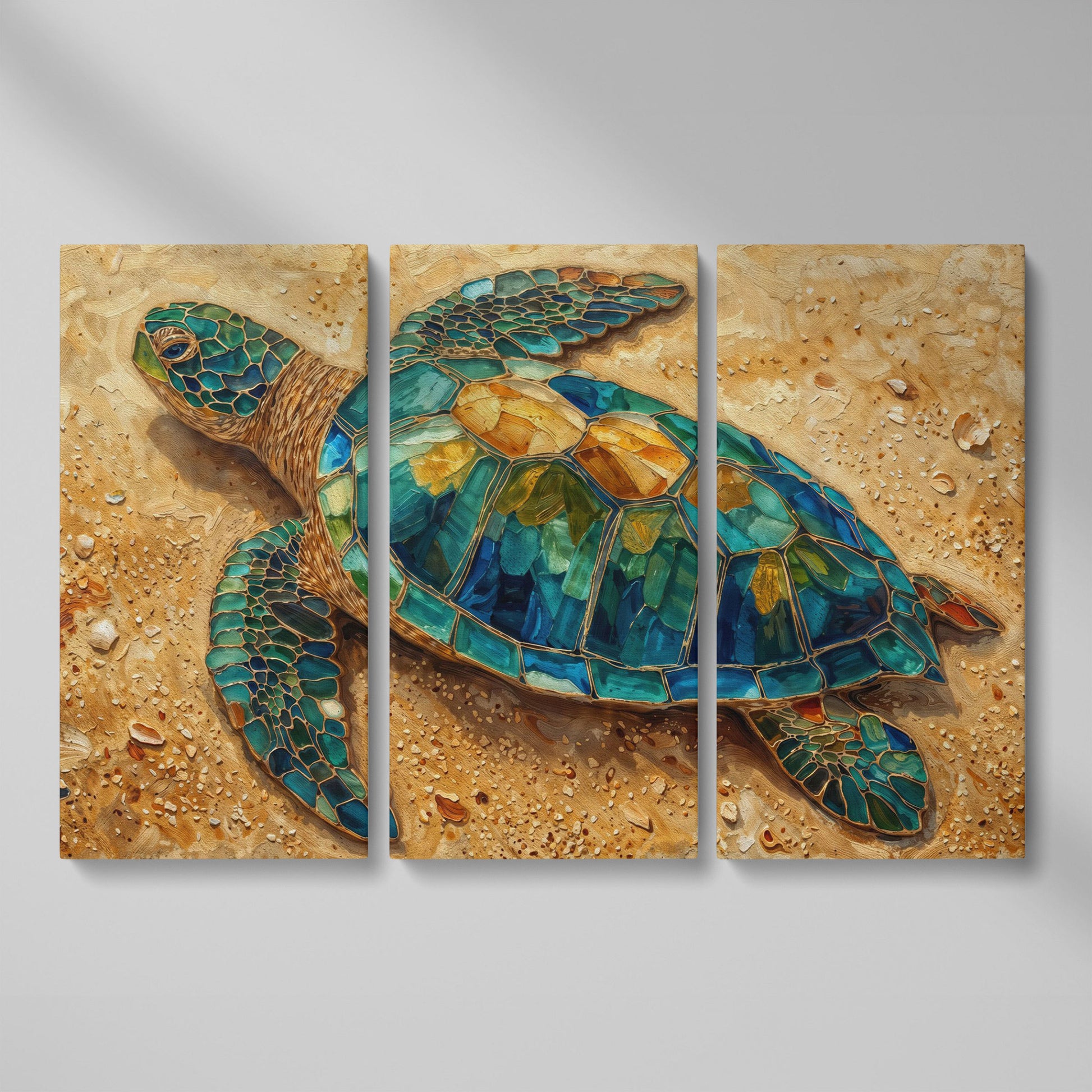 Sea Turtle on Sandy Beach Canvas Wall Art as 3-panel split version