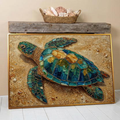 Sea Turtle on Sandy Beach Canvas Wall Art in antique gold floating frame