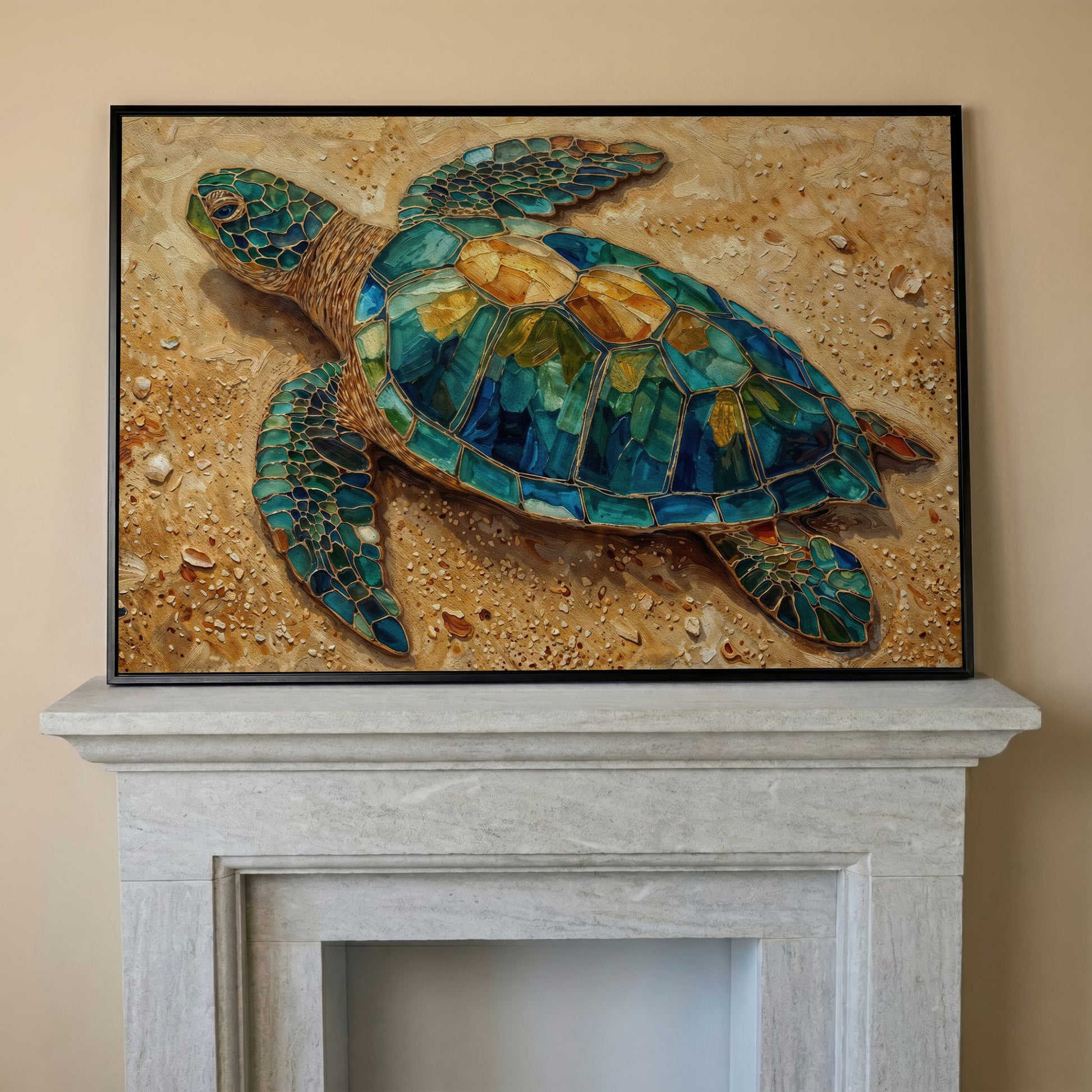 Sea Turtle on Sandy Beach Canvas Wall Art in black floating frame