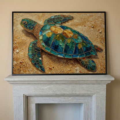 Sea Turtle on Sandy Beach Canvas Wall Art in black floating frame