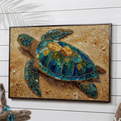Sea Turtle on Sandy Beach Canvas Wall Art in dark walnut floating frame