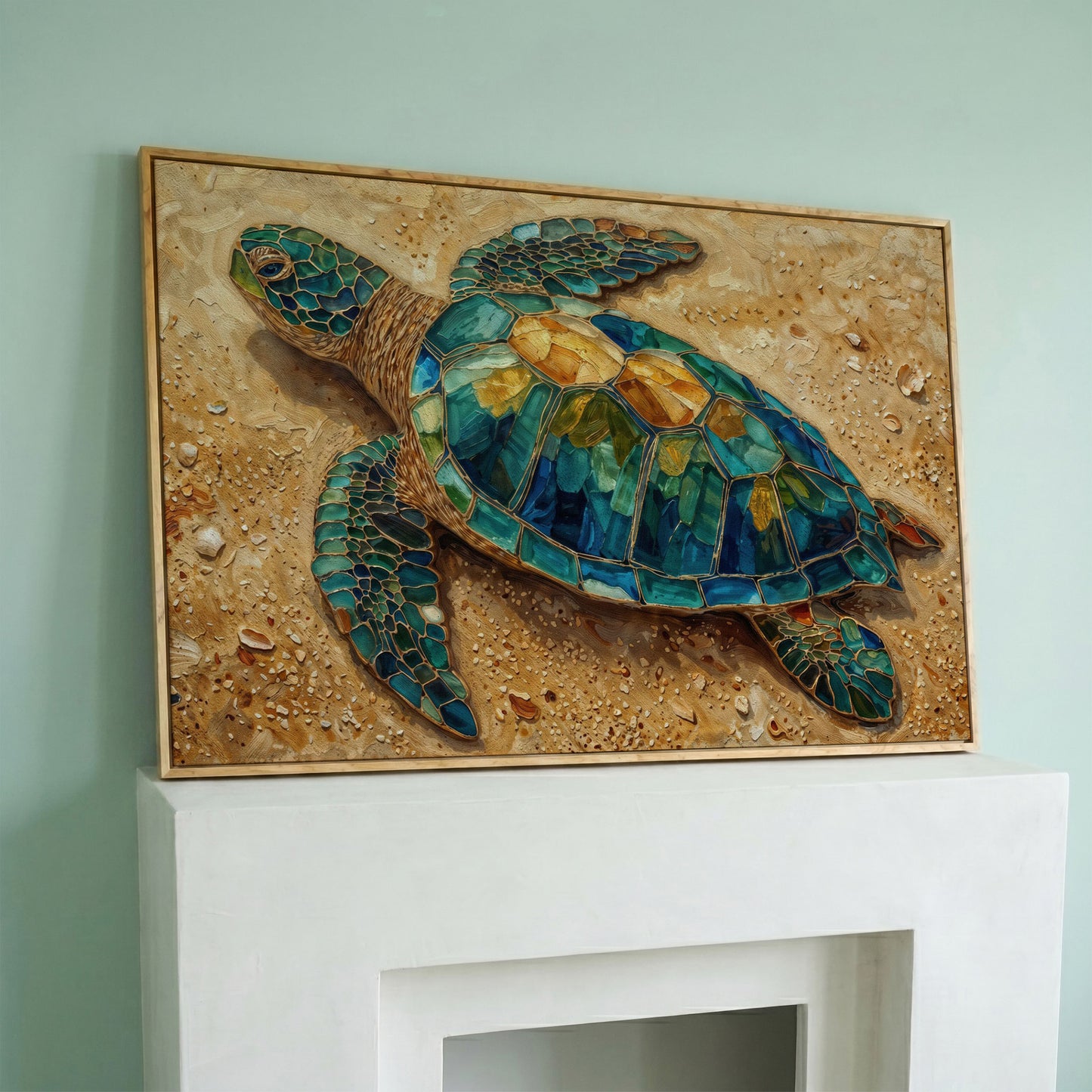 Sea Turtle on Sandy Beach Canvas Wall Art in white oak floating frame