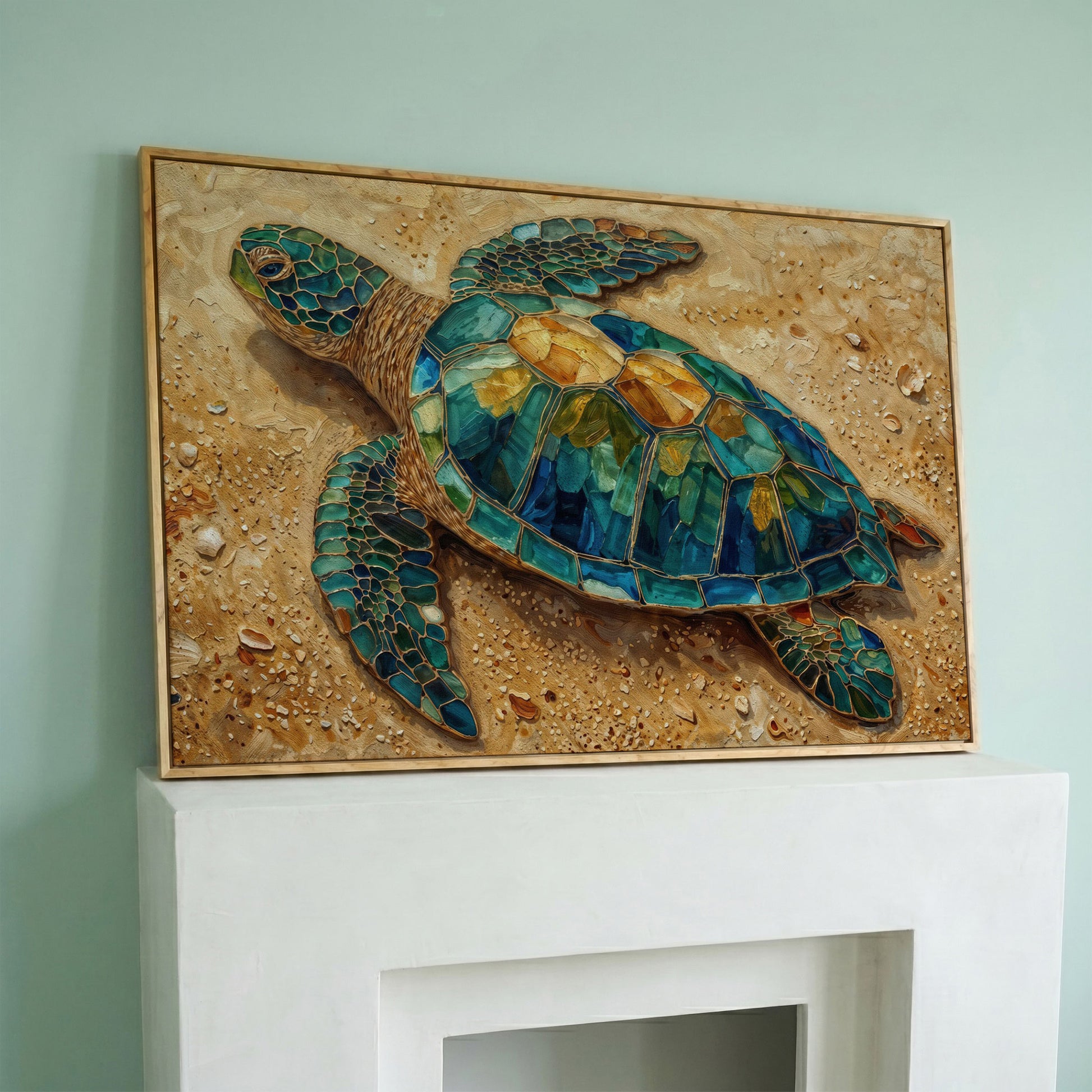 Sea Turtle on Sandy Beach Canvas Wall Art in white oak floating frame