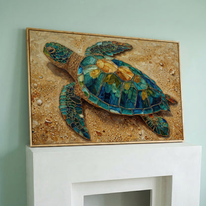 Sea Turtle on Sandy Beach Canvas Wall Art in white oak floating frame