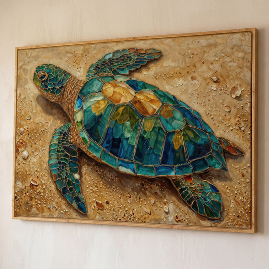 Sea Turtle on Sandy Beach Canvas Wall Art shown in white oak floating frame