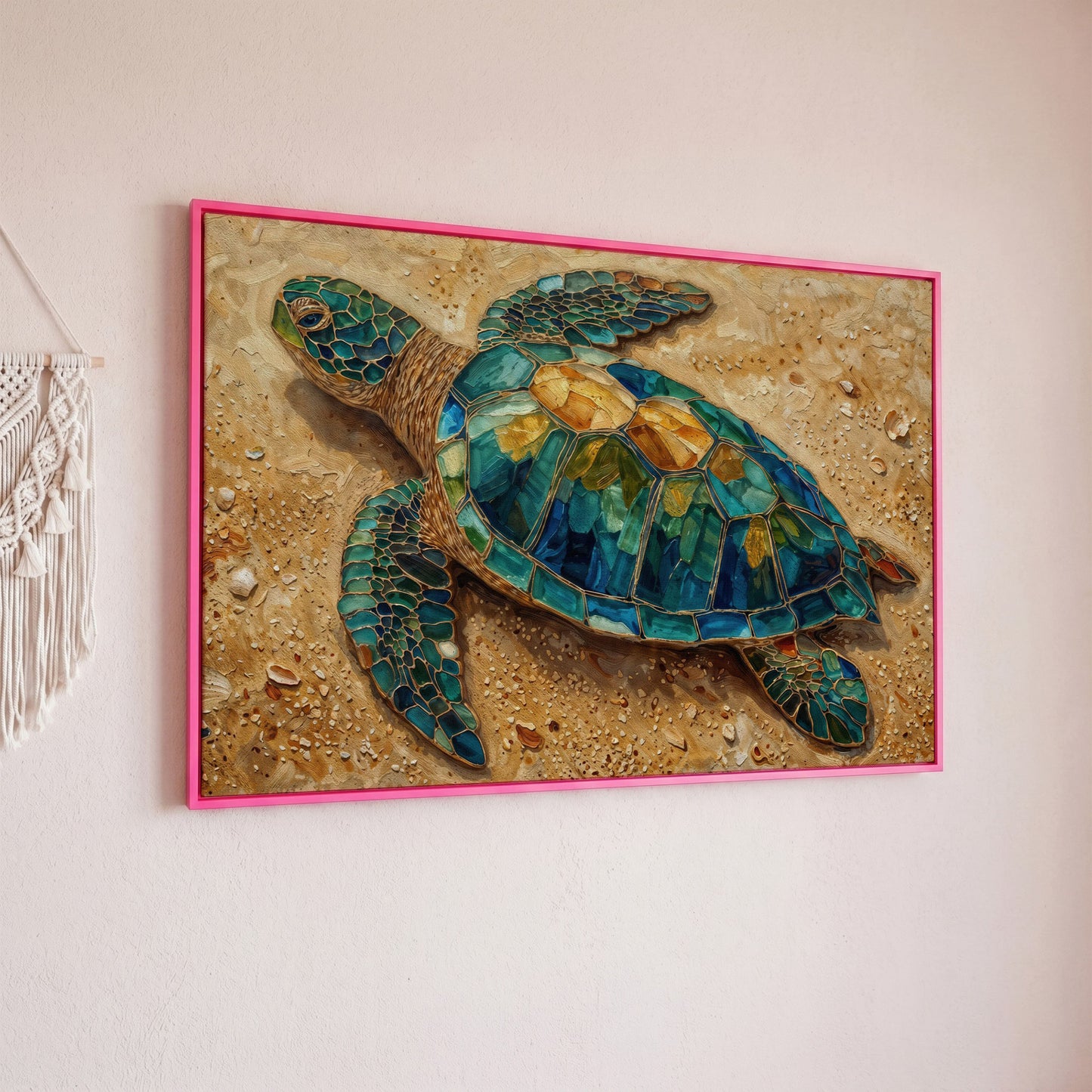 Sea Turtle on Sandy Beach Canvas Wall Art in pink floating frame
