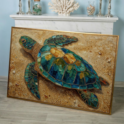 Sea Turtle on Sandy Beach Canvas Wall Art in rose gold floating frame