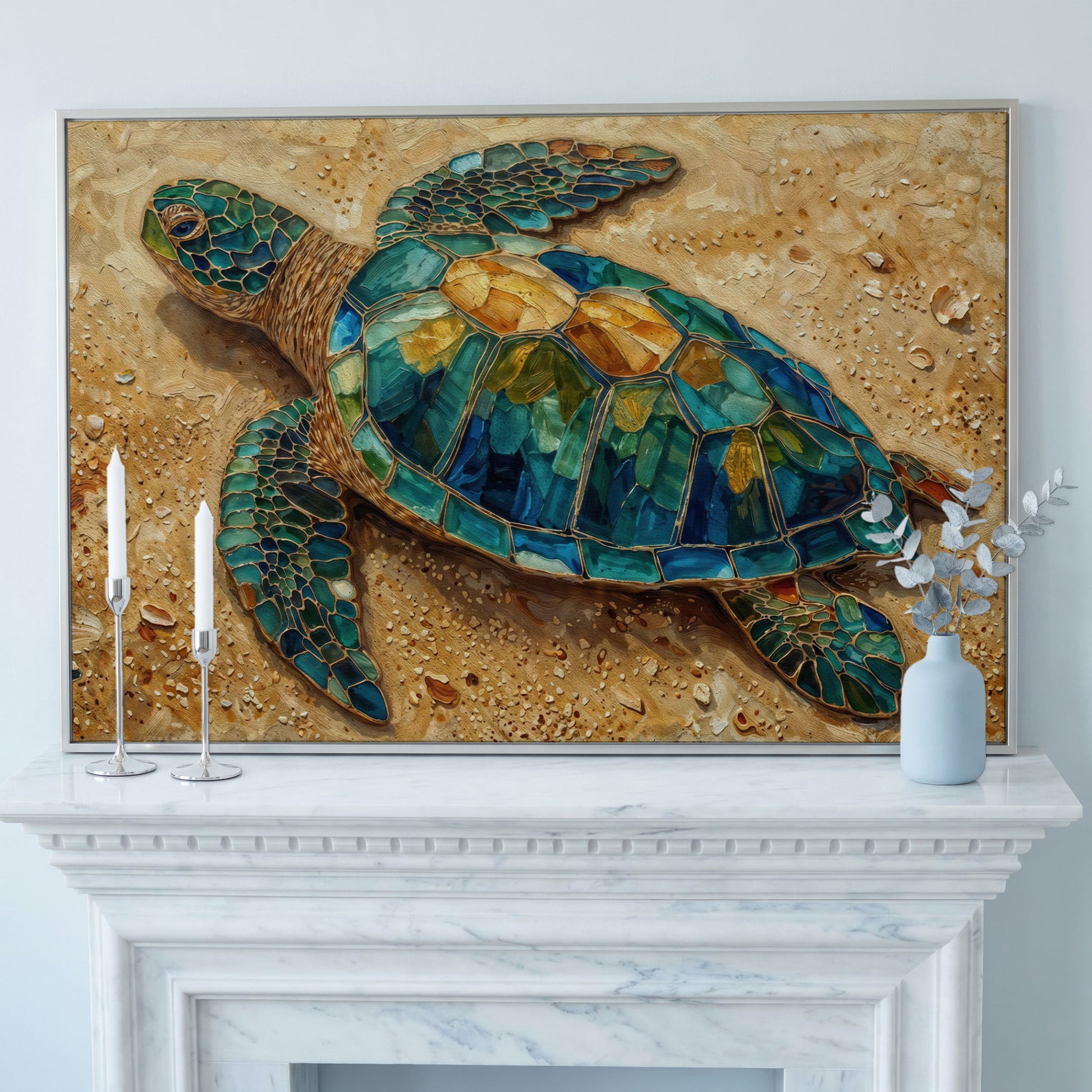 Sea Turtle on Sandy Beach Canvas Wall Art in silver floating frame
