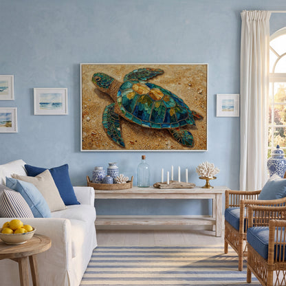 Sea Turtle on Sandy Beach Canvas Wall Art in white floating frame