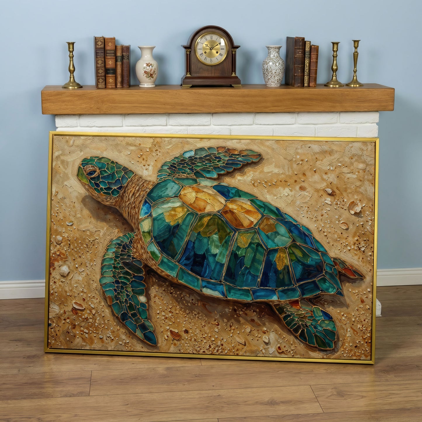 Sea Turtle on Sandy Beach Canvas Wall Art in yellow gold floating frame