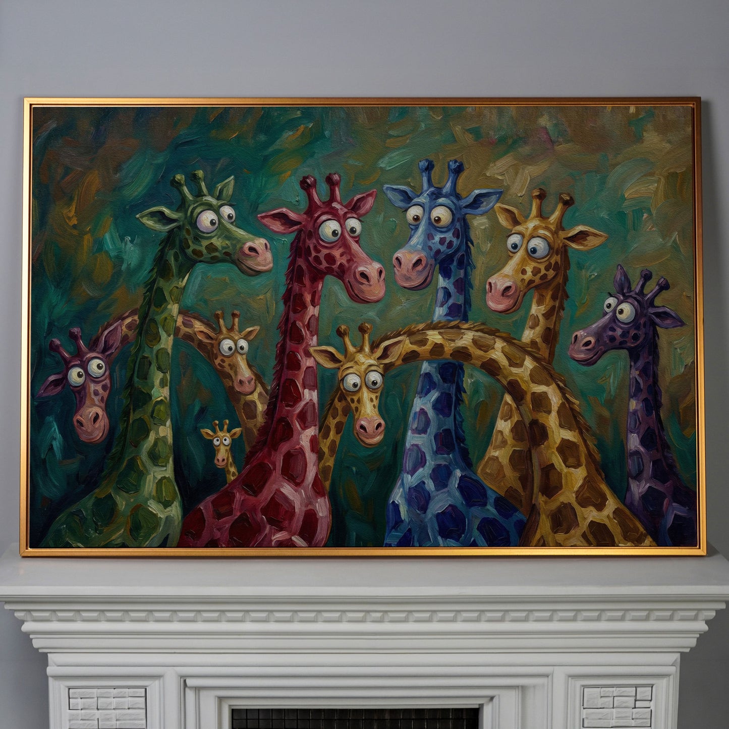 Colorful Cartoon Giraffes Canvas Wall Art for Kids Rooms in antique gold floating frame