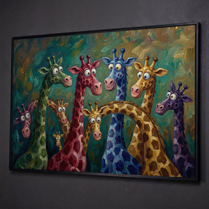 Colorful Cartoon Giraffes Canvas Wall Art for Kids Rooms shown in black floating frame