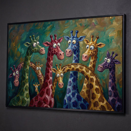 Colorful Cartoon Giraffes Canvas Wall Art for Kids Rooms shown in black floating frame