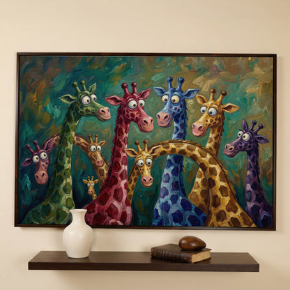 Colorful Cartoon Giraffes Canvas Wall Art for Kids Rooms in dark walnut floating frame
