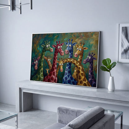 Colorful Cartoon Giraffes Canvas Wall Art for Kids Rooms in silver floating frame