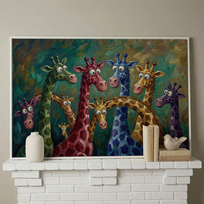 Colorful Cartoon Giraffes Canvas Wall Art for Kids Rooms in white floating frame