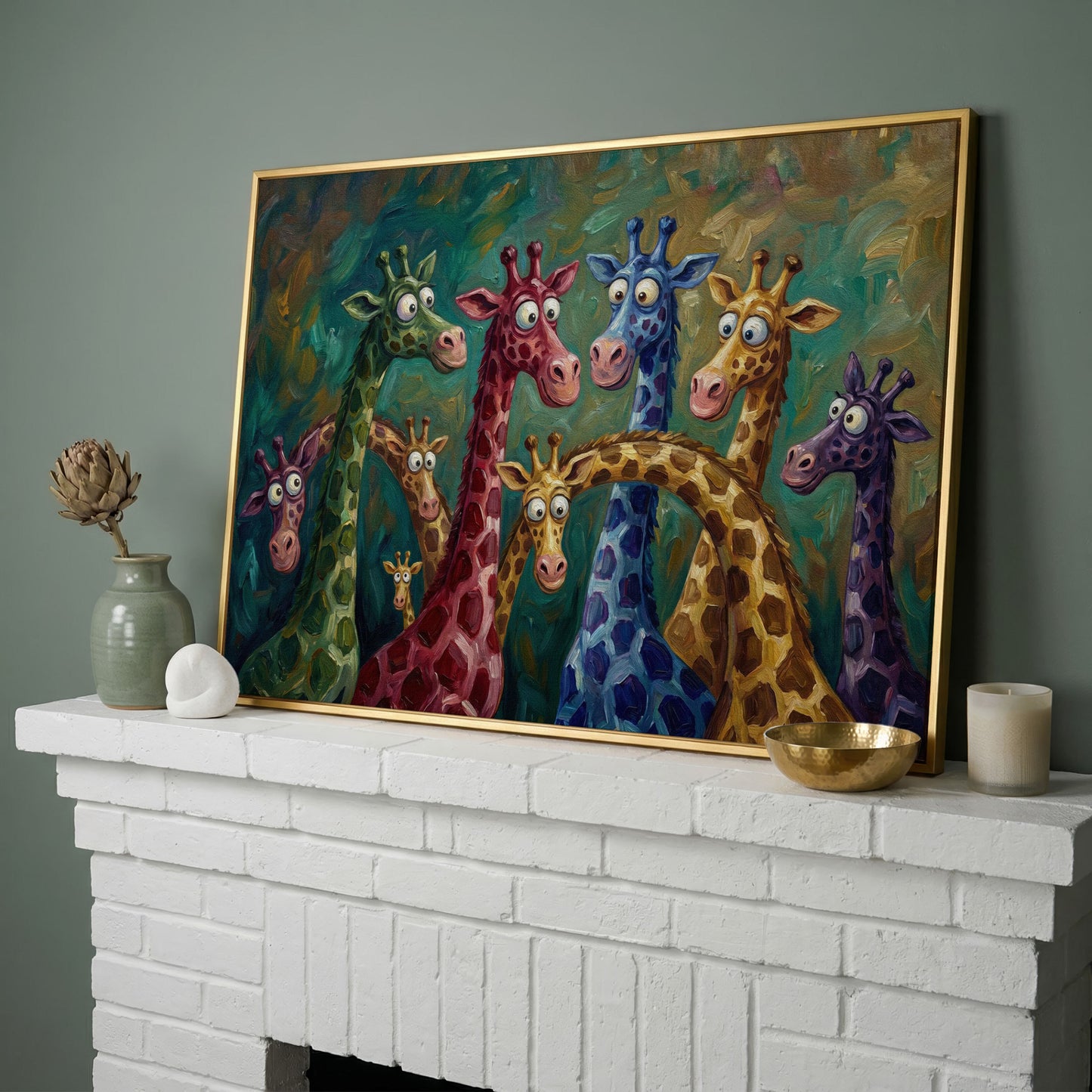 Colorful Cartoon Giraffes Canvas Wall Art for Kids Rooms in yellow gold floating frame