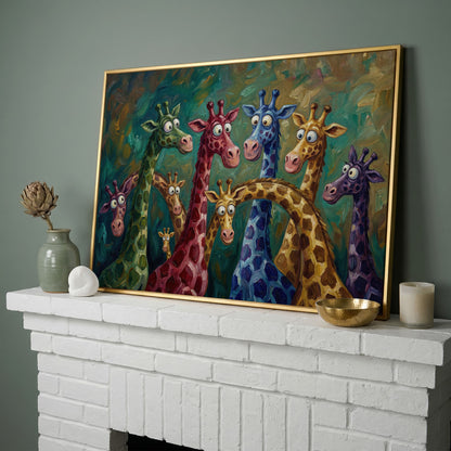 Colorful Cartoon Giraffes Canvas Wall Art for Kids Rooms in yellow gold floating frame