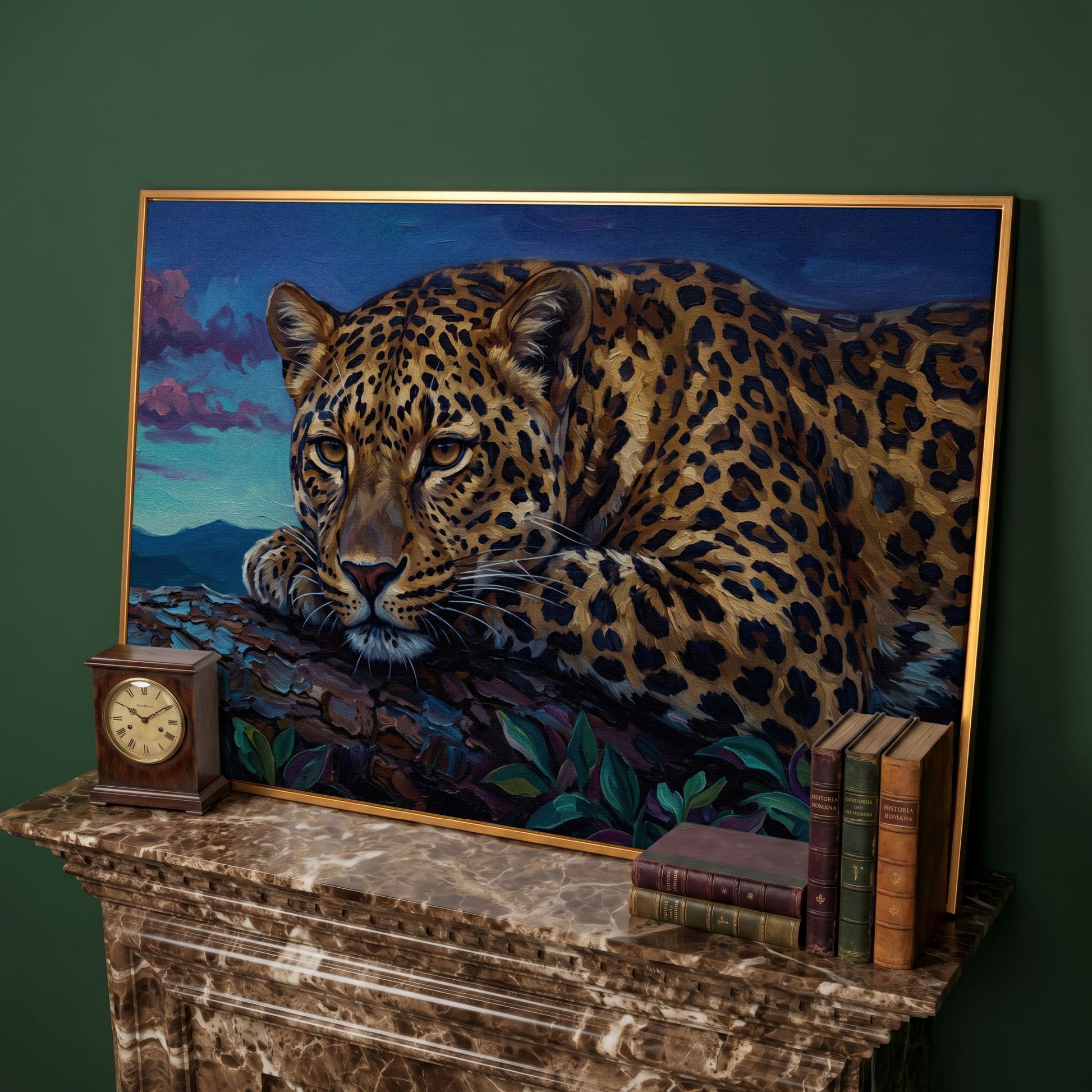 Leopard on a Branch, Mountain Landscape Canvas Wall Art in antique gold floating frame