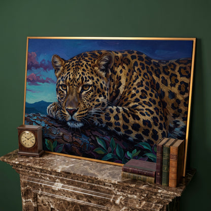 Leopard on a Branch, Mountain Landscape Canvas Wall Art in antique gold floating frame