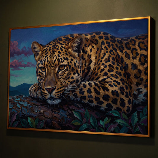 Leopard on a Branch, Mountain Landscape Canvas Wall Art shown in antique gold floating frame