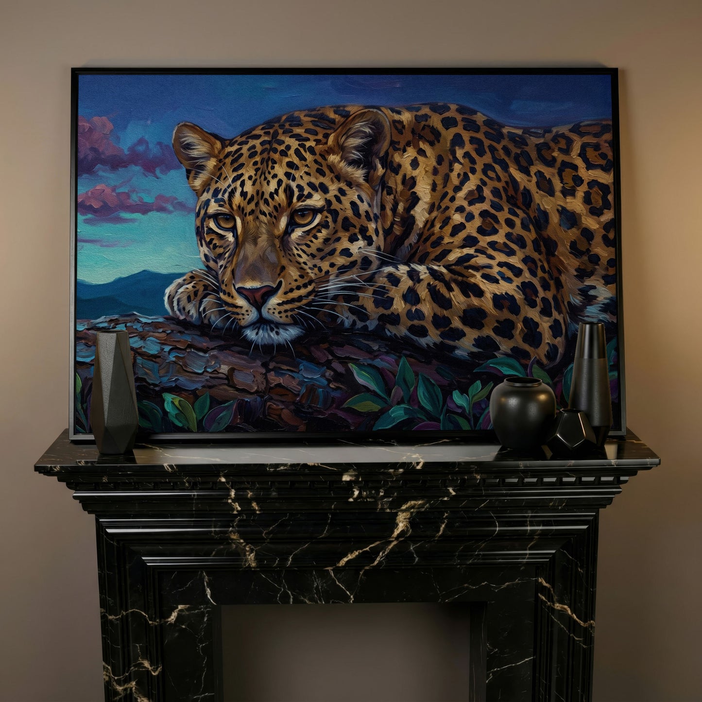 Leopard on a Branch, Mountain Landscape Canvas Wall Art in black floating frame