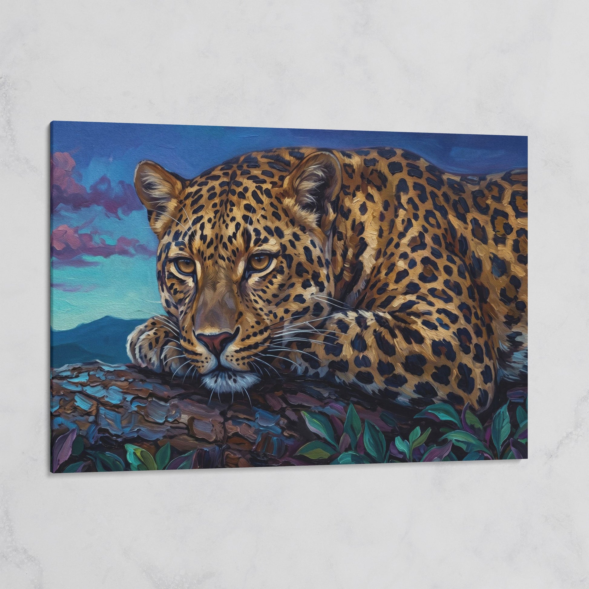 Leopard on a Branch, Mountain Landscape Canvas Wall Art on gallery wrap