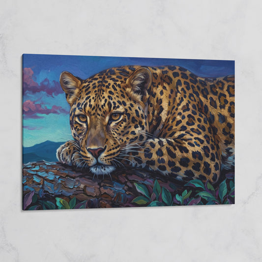 Leopard on a Branch, Mountain Landscape Canvas Wall Art on gallery wrap