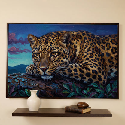 Leopard on a Branch, Mountain Landscape Canvas Wall Art in dark walnut floating frame