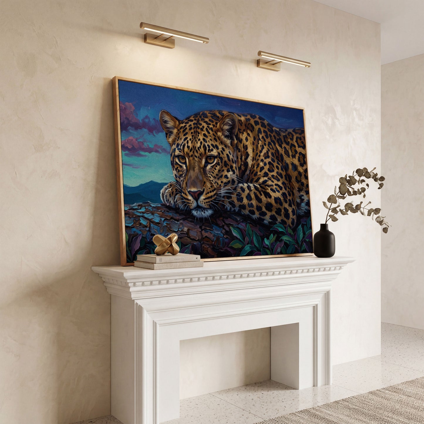 Leopard on a Branch, Mountain Landscape Canvas Wall Art in white oak floating frame