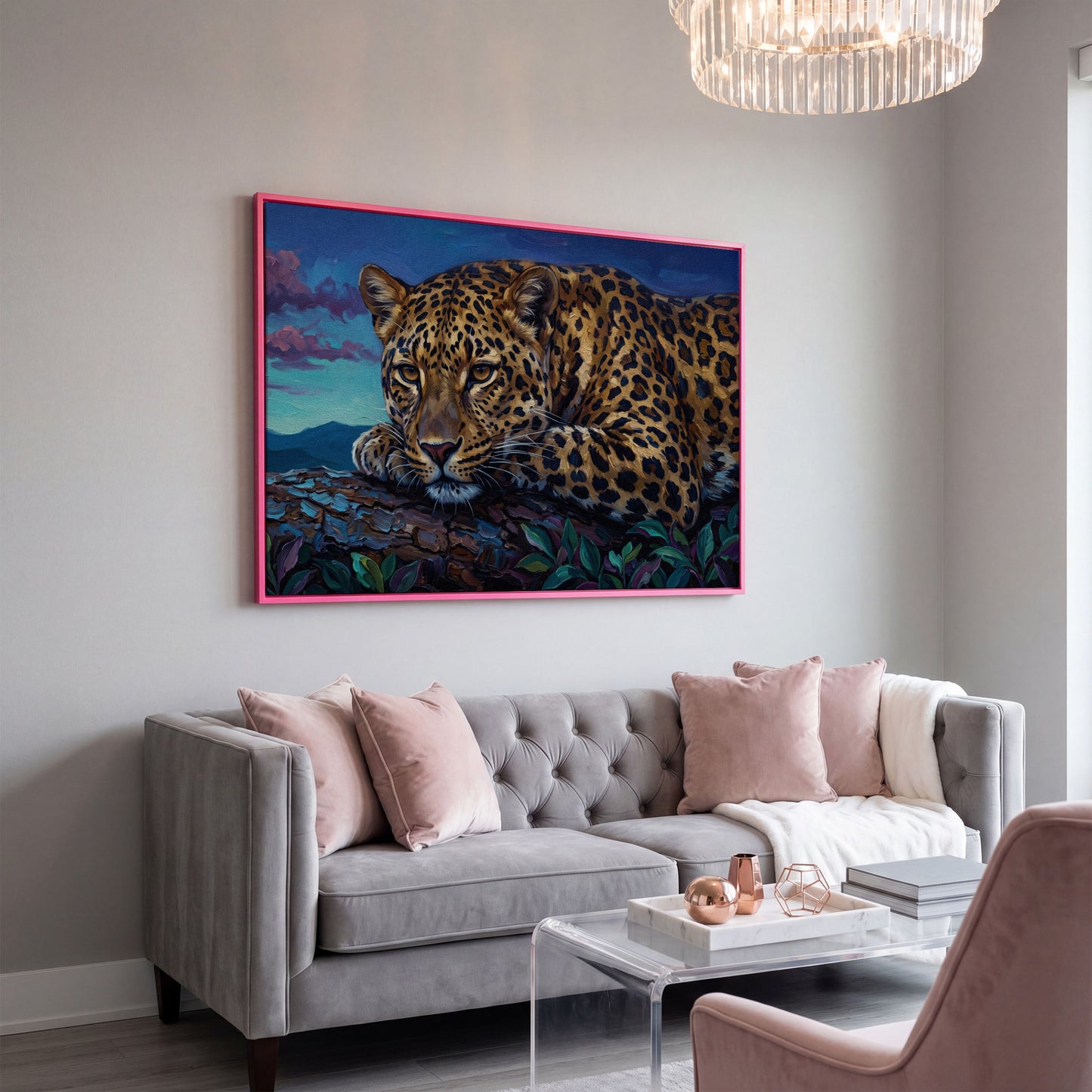 Leopard on a Branch, Mountain Landscape Canvas Wall Art in pink floating frame