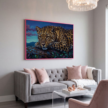 Leopard on a Branch, Mountain Landscape Canvas Wall Art in pink floating frame