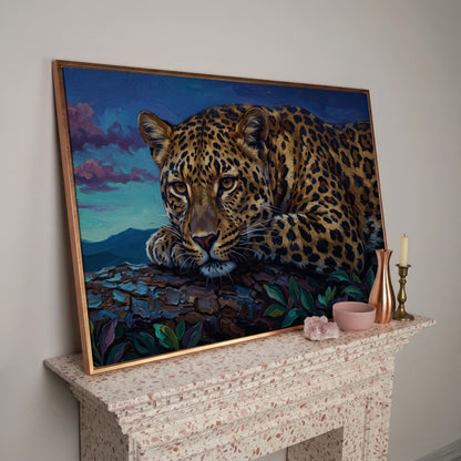 Leopard on a Branch, Mountain Landscape Canvas Wall Art in rose gold floating frame