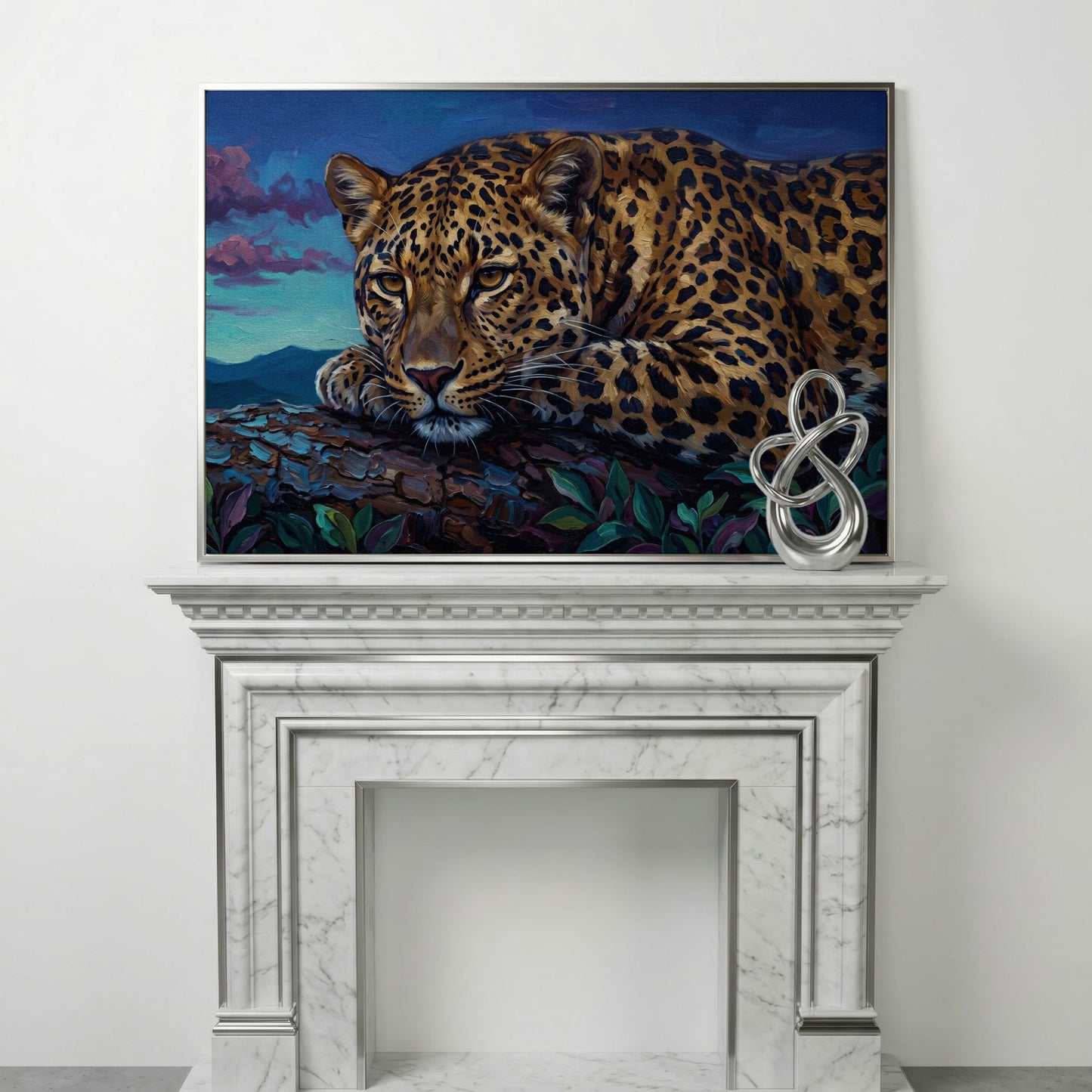 Leopard on a Branch, Mountain Landscape Canvas Wall Art in silver floating frame