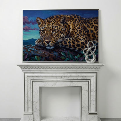 Leopard on a Branch, Mountain Landscape Canvas Wall Art in silver floating frame