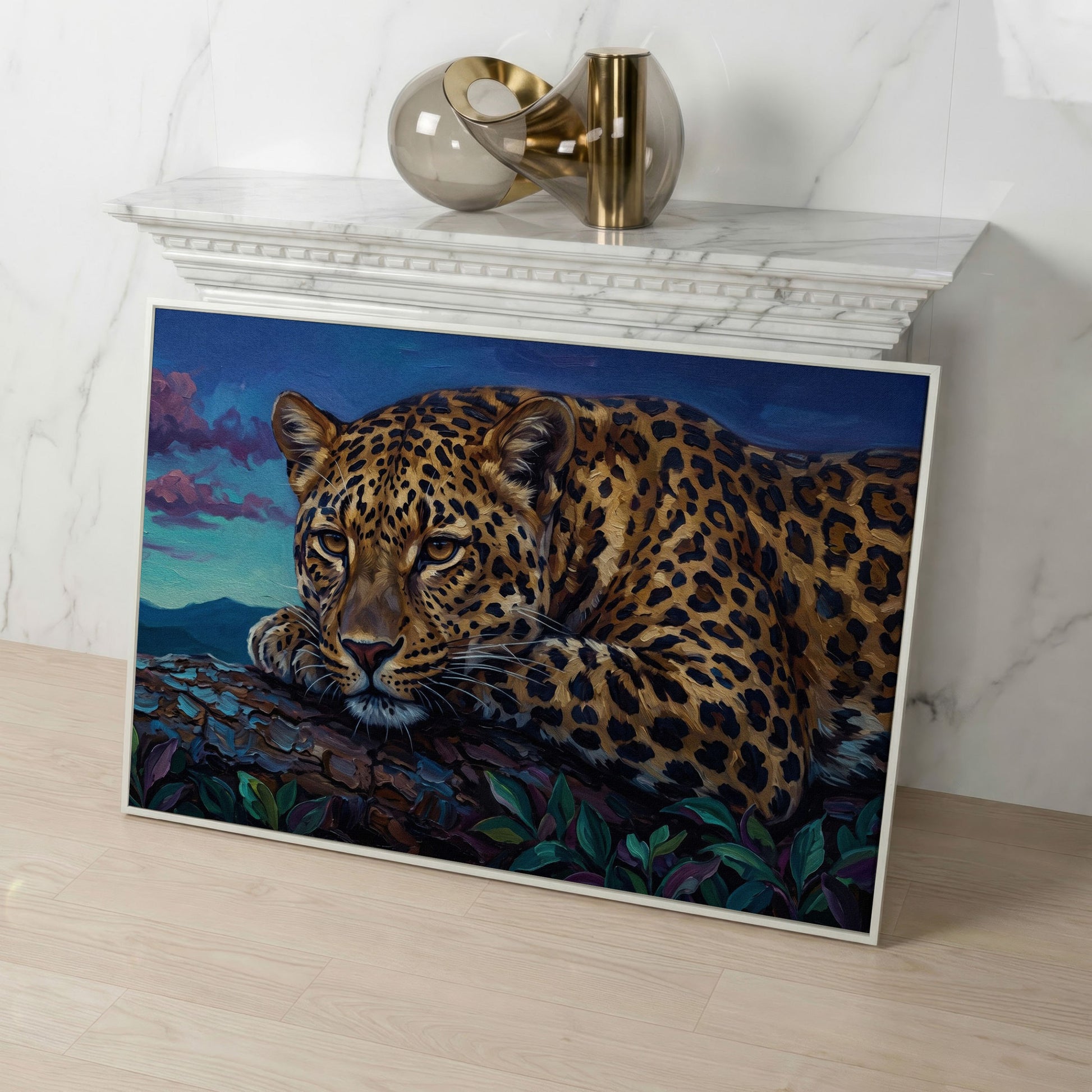 Leopard on a Branch, Mountain Landscape Canvas Wall Art in white floating frame
