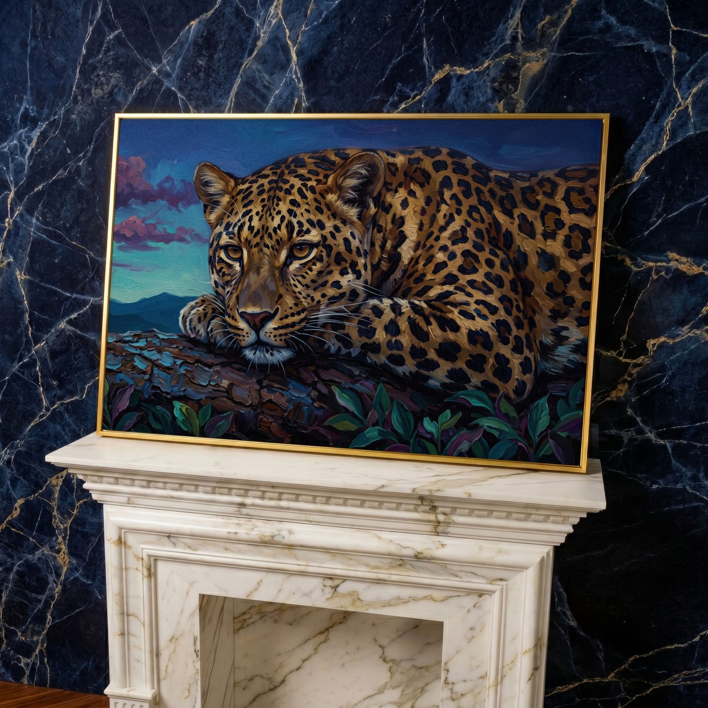 Leopard on a Branch, Mountain Landscape Canvas Wall Art in yellow gold floating frame