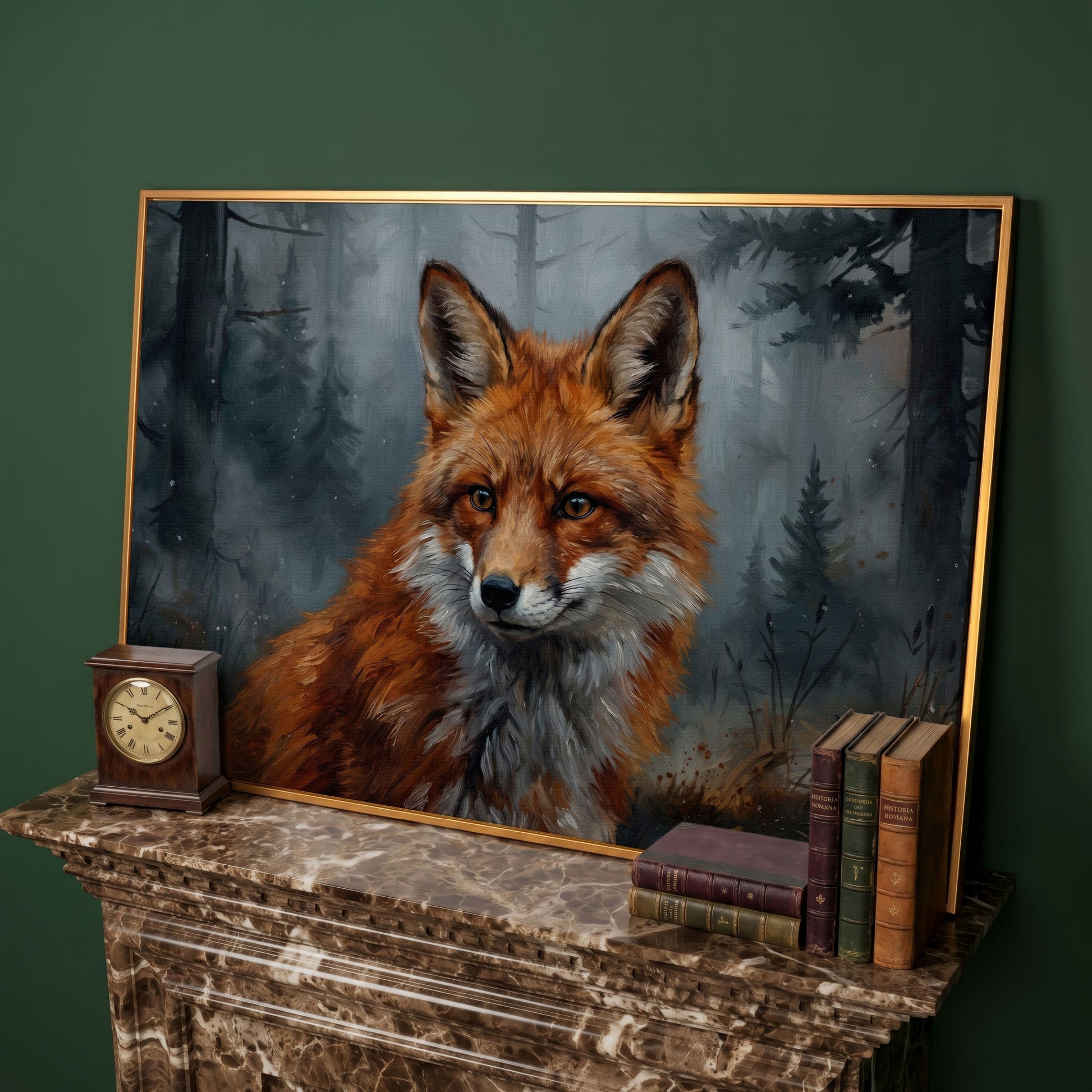 Red Fox Portrait Canvas Art, Blurred Forest Background in antique gold floating frame