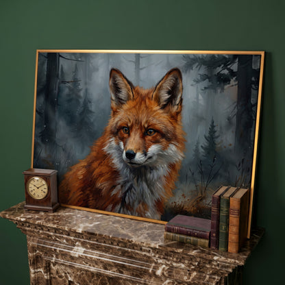 Red Fox Portrait Canvas Art, Blurred Forest Background in antique gold floating frame